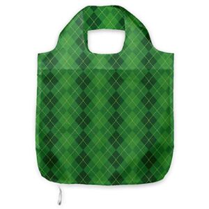 ambesonne irish shopping tote bag, antique tartan inspired symmetrical checkered diamond line plaid fashion, sturdy fabric foldable lightweight market bag for daily use, green dark green yellow
