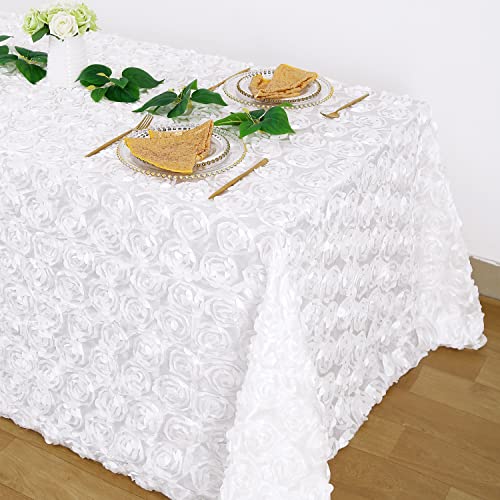 Fanqisi White Tablecloth 50x102 Inches Rosette Wedding Tablecloth Party Table Decor Rectangle Satin Floral Table Cover for Baby Shower Decorations