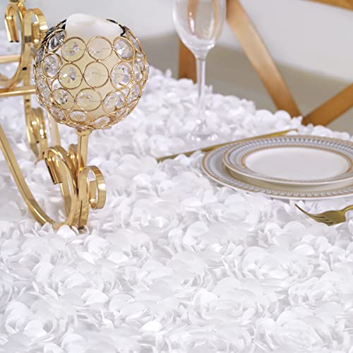 Fanqisi White Tablecloth 50x102 Inches Rosette Wedding Tablecloth Party Table Decor Rectangle Satin Floral Table Cover for Baby Shower Decorations