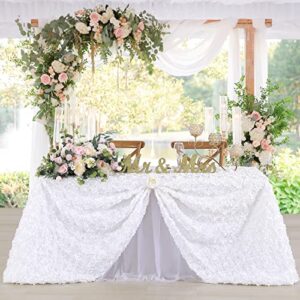 Fanqisi White Tablecloth 50x102 Inches Rosette Wedding Tablecloth Party Table Decor Rectangle Satin Floral Table Cover for Baby Shower Decorations