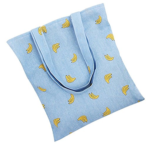 Caixia Women's Cotton Banana Print Blue Canvas Tote Shopping Bag, Tote-no Closure, Medium