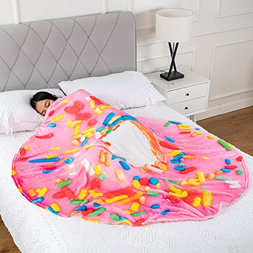 BATTILO HOME 71 Inch Pink Donut Blanket for Adult and Kids, Soft and Comfortable Flannel Round Blanket for Bedding,Funny Blanket Giant Food Blanket Gifts for Crib, Sofa, Outdoors