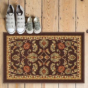 Well Woven Non-Slip Rubber Back 18" x 31" Doormat Rug Timeless Oriental Brown Traditional Classic Sarouk Thin Pile Machine Washable Indoor Outdoor Kitchen Hallway Entry