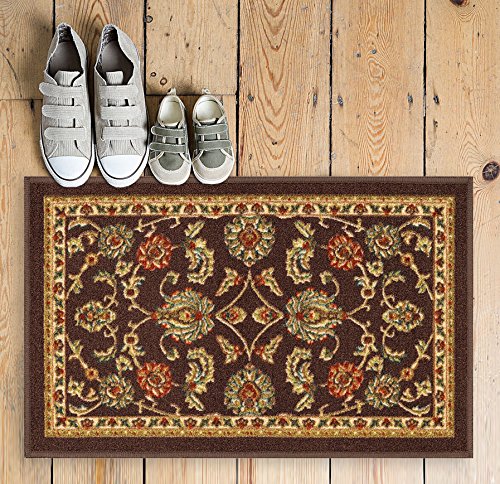 Well Woven Non-Slip Rubber Back 18" x 31" Doormat Rug Timeless Oriental Brown Traditional Classic Sarouk Thin Pile Machine Washable Indoor Outdoor Kitchen Hallway Entry