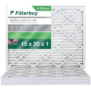 filterbuy 15x20x1 air filter merv 8 dust defense (4-pack), pleated hvac ac furnace air filters replacement (actual size: 14.50 x 19.50 x 0.75 inches)