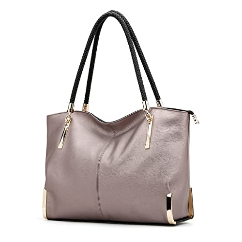 FOXER Large Leather Tote Handbags for Women, Split Cowhide Zipper Closure Ladies Top-handle Bags Womens Large Shoulder Purses and Handbags Women's Fashion Pocketbooks with Woven Handle(Rose Gold)