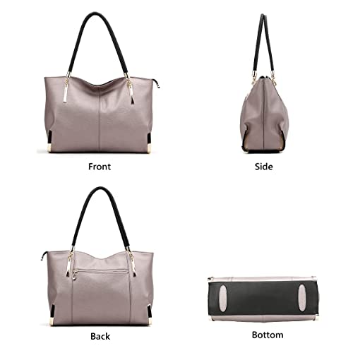 FOXER Large Leather Tote Handbags for Women, Split Cowhide Zipper Closure Ladies Top-handle Bags Womens Large Shoulder Purses and Handbags Women's Fashion Pocketbooks with Woven Handle(Rose Gold)