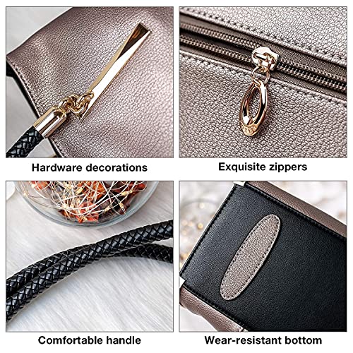 FOXER Large Leather Tote Handbags for Women, Split Cowhide Zipper Closure Ladies Top-handle Bags Womens Large Shoulder Purses and Handbags Women's Fashion Pocketbooks with Woven Handle(Rose Gold)