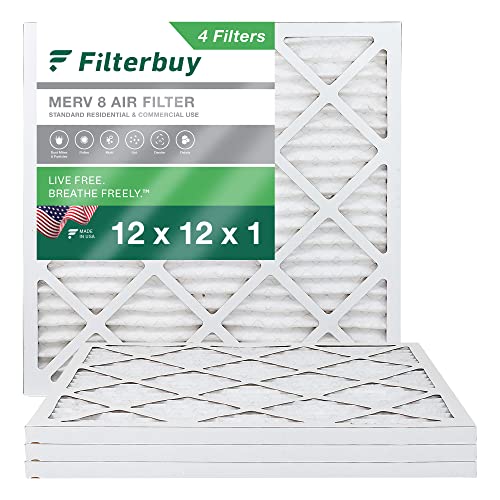 Filterbuy 12x12x1 Air Filter MERV 8 Dust Defense (4-Pack), Pleated HVAC AC Furnace Air Filters Replacement (Actual Size: 11.69 x 11.69 x 0.75 Inches)