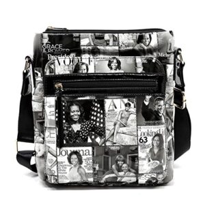 amy & joey glossy magazine cover collage large crossbody bag purse michelle obama bags (grey/black)