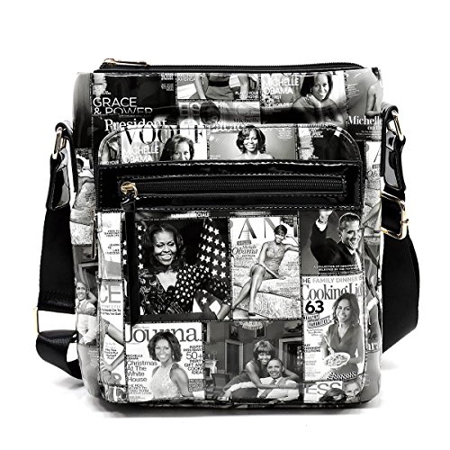 Amy & Joey Glossy magazine cover collage large crossbody bag purse Michelle Obama bags (GREY/BLACK)