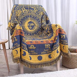 erke 50″ x 70″ double sided cotton woven couch throw blanket featuring decorative boho tassels – zodiac constellations, yellow/blue