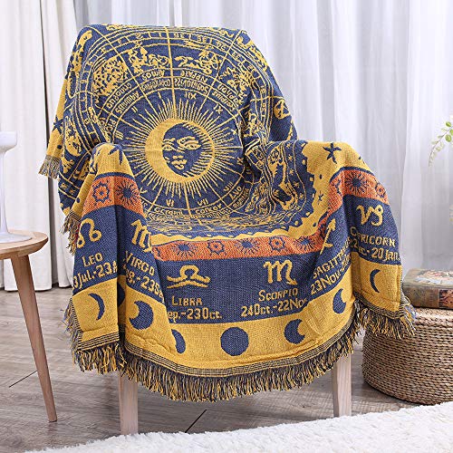 Erke 50" X 70" Double Sided Cotton Woven Couch Throw Blanket Featuring Decorative Boho Tassels - Zodiac Constellations, Yellow/Blue