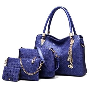 younxsl women fashion synthetic leather handbags tote bag shoulder bag top handle satchel purse with pendant set 4pcs blue