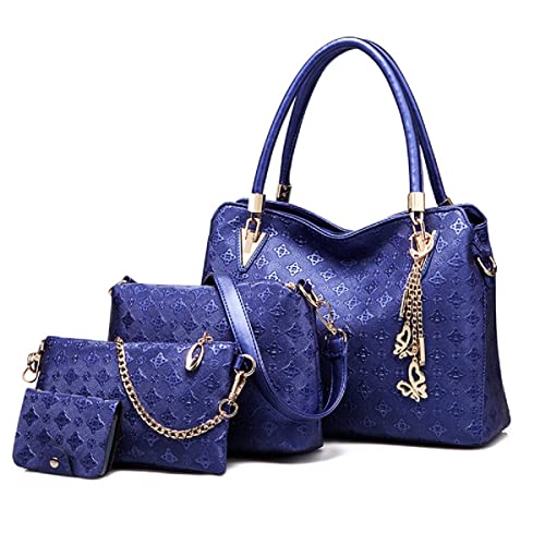 YOUNXSL Women Fashion Synthetic Leather Handbags Tote Bag Shoulder Bag Top Handle Satchel Purse with Pendant Set 4pcs Blue