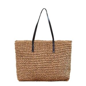 ayliss women straw woven tote large beach handmade weaving shoulder bag purse straw handbag (square khaki #2)