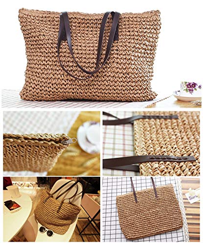 Ayliss Women Straw Woven Tote Large Beach Handmade Weaving Shoulder Bag Purse Straw Handbag (Square Khaki #2)