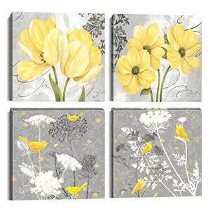 wall hdq yellow gray wall art canvas flowers birds wall decor for living room bathroom abstract modern floral large posters print artwork framed hang pictures for home decorations 12”x12” x4 panels
