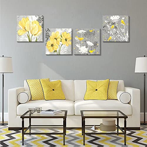 Wall HDQ Yellow Gray Wall Art Canvas Flowers Birds Wall Decor for Living Room Bathroom Abstract Modern Floral Large Posters Print Artwork Framed Hang Pictures for Home Decorations 12''x12'' x4 Panels