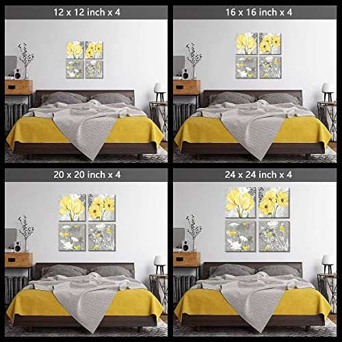 Wall HDQ Yellow Gray Wall Art Canvas Flowers Birds Wall Decor for Living Room Bathroom Abstract Modern Floral Large Posters Print Artwork Framed Hang Pictures for Home Decorations 12''x12'' x4 Panels