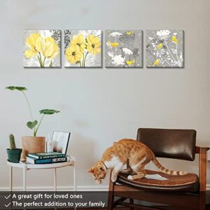 Wall HDQ Yellow Gray Wall Art Canvas Flowers Birds Wall Decor for Living Room Bathroom Abstract Modern Floral Large Posters Print Artwork Framed Hang Pictures for Home Decorations 12''x12'' x4 Panels