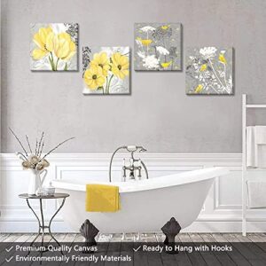 Wall HDQ Yellow Gray Wall Art Canvas Flowers Birds Wall Decor for Living Room Bathroom Abstract Modern Floral Large Posters Print Artwork Framed Hang Pictures for Home Decorations 12''x12'' x4 Panels