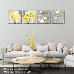 Wall HDQ Yellow Gray Wall Art Canvas Flowers Birds Wall Decor for Living Room Bathroom Abstract Modern Floral Large Posters Print Artwork Framed Hang Pictures for Home Decorations 12''x12'' x4 Panels