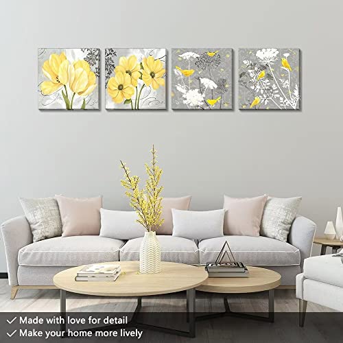Wall HDQ Yellow Gray Wall Art Canvas Flowers Birds Wall Decor for Living Room Bathroom Abstract Modern Floral Large Posters Print Artwork Framed Hang Pictures for Home Decorations 12''x12'' x4 Panels