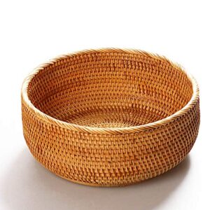 amololo hadewoven round rattan fruit basket wicker food tray weaving storage holder dinning room bowl, 10 inch woven bread basket key bowls with 4”wall for table, countertop (large 9.8″)