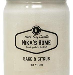 Nika's Home Sage & Citrus Soy Candle 12oz Mason Jar Non-Toxic White Hand Poured Candle- Handmade, Long Clean Burning 50-60 Hours Highly Scented All Natural, Candle Gift Décor