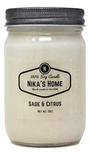 Nika's Home Sage & Citrus Soy Candle 12oz Mason Jar Non-Toxic White Hand Poured Candle- Handmade, Long Clean Burning 50-60 Hours Highly Scented All Natural, Candle Gift Décor