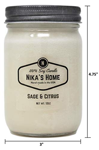 Nika's Home Sage & Citrus Soy Candle 12oz Mason Jar Non-Toxic White Hand Poured Candle- Handmade, Long Clean Burning 50-60 Hours Highly Scented All Natural, Candle Gift Décor