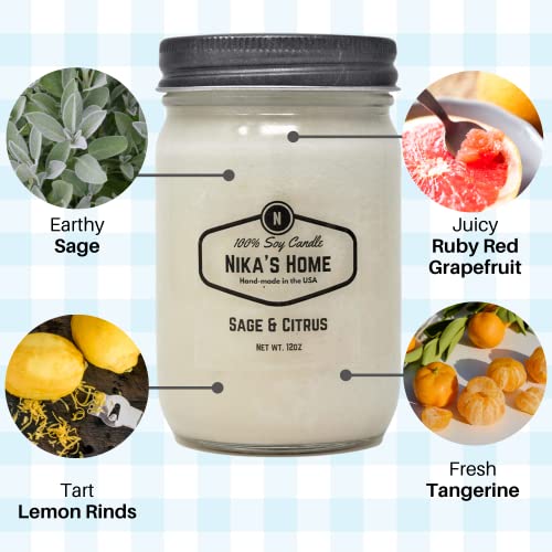 Nika's Home Sage & Citrus Soy Candle 12oz Mason Jar Non-Toxic White Hand Poured Candle- Handmade, Long Clean Burning 50-60 Hours Highly Scented All Natural, Candle Gift Décor