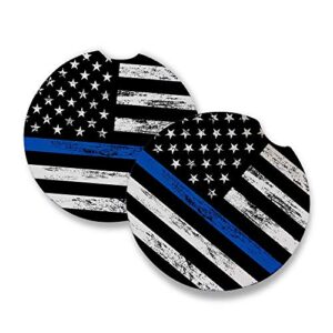 thin blue line | car coasters for drinks set of 2 | perfect car accessories with absorbent coasters. car coaster measures 2.56 inches with rubber backing.