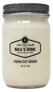 nika’s home fresh cut grass soy candle – 12oz mason jar – non-toxic soy candle-hand poured candle- handmade, long burning candle-highly scented candle-all natural, clean burning candle