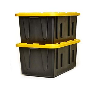 homz durabilt 27 gallon capacity flip lid stackable heavy duty tough storage container tote, black base with yellow lid (2 pack)