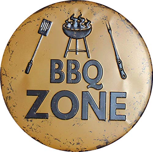 WONDERCAVE BBQ Zone Round Metal tin Sign Suitable for Home and Kitchen Bar Cafe Garage Wall Decor Retro Vintage Diameter 12 inch