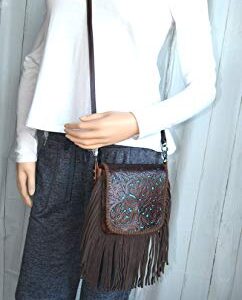 western floral tooled 100% leather fringe cross body purse (brown) Small