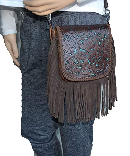 western floral tooled 100% leather fringe cross body purse (brown) Small