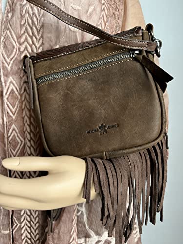 western floral tooled 100% leather fringe cross body purse (brown) Small