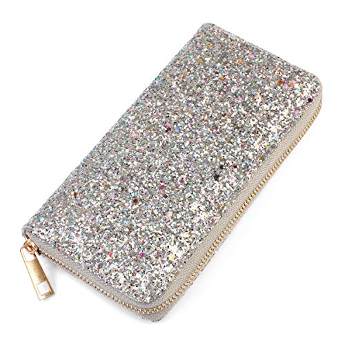 MYS Collection RIAH FASHION Rainbow Glitter Zip Around Wallet - Sparkly Confetti Single Zipper Clutch Purse with Card Slots (Rainbow - Silver)