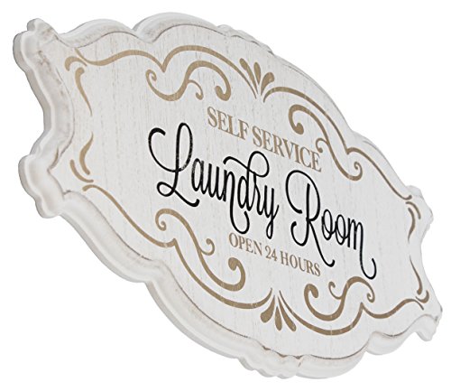 Rustic Self Service Laundry Room Wall Hanging Sign Plaque - Vintage Look w/ Whitewash Finish