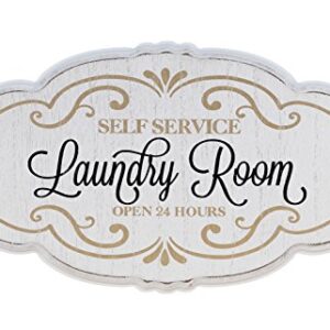 Rustic Self Service Laundry Room Wall Hanging Sign Plaque - Vintage Look w/ Whitewash Finish