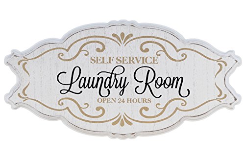 Rustic Self Service Laundry Room Wall Hanging Sign Plaque - Vintage Look w/ Whitewash Finish