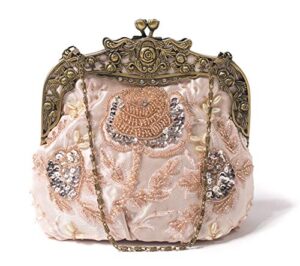 ilishop women’s antique beaded party clutch vintage rose purse evening handbag (champagne)
