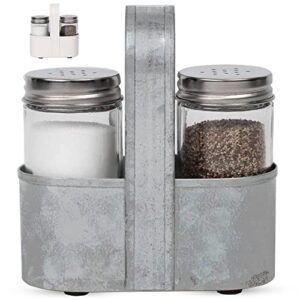 farmhouse salt and pepper shakers set with metal caddy by saratoga home – vintage salt and pepper shaker dispensers with padded feet, easy to clean & refill, each glass shaker holds ½ cup, silver