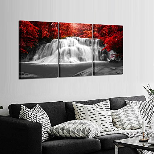Kreative Arts Black White and Red Canvas Wall Art 3 Pieces Red Woods Waterfall Canvas Print Landscape Paintings Framed Picture for Office and Home Décor Ready to Hang 16x24inchx3pcs