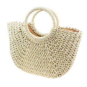 straw bags for women, hand-woven straw large hobo summer beach bag round handle ring toto retro rattan bag