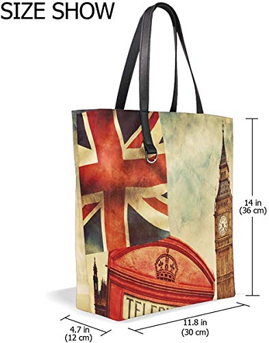 VVIEER Vintage Handbag Leather Tote Bag Purse British Flag Big Ben London for Womens, Image 912, 12inch x 4.7inch x 13.6inch