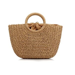 lxxuy straw bags for women, hand-woven straw large hobo summer beach bag round handle ring toto retro rattan bag, coyote brown, one size